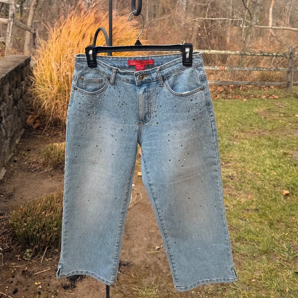 Y2K Rhinestone Light Wash Capri Jeans